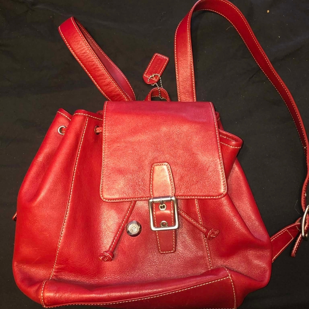 Coach Red Leather Drawstring Backpack with Buckle… - image 1